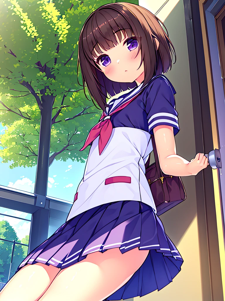 (High quality), (masterpiece), (very detailed), girl, (very small bust), short brown hair, purple eyes, shy face, (primary school ****), showing her thighs, on the school yard, sunny, camera angle from below, adorable eyes, (primar school uniform)