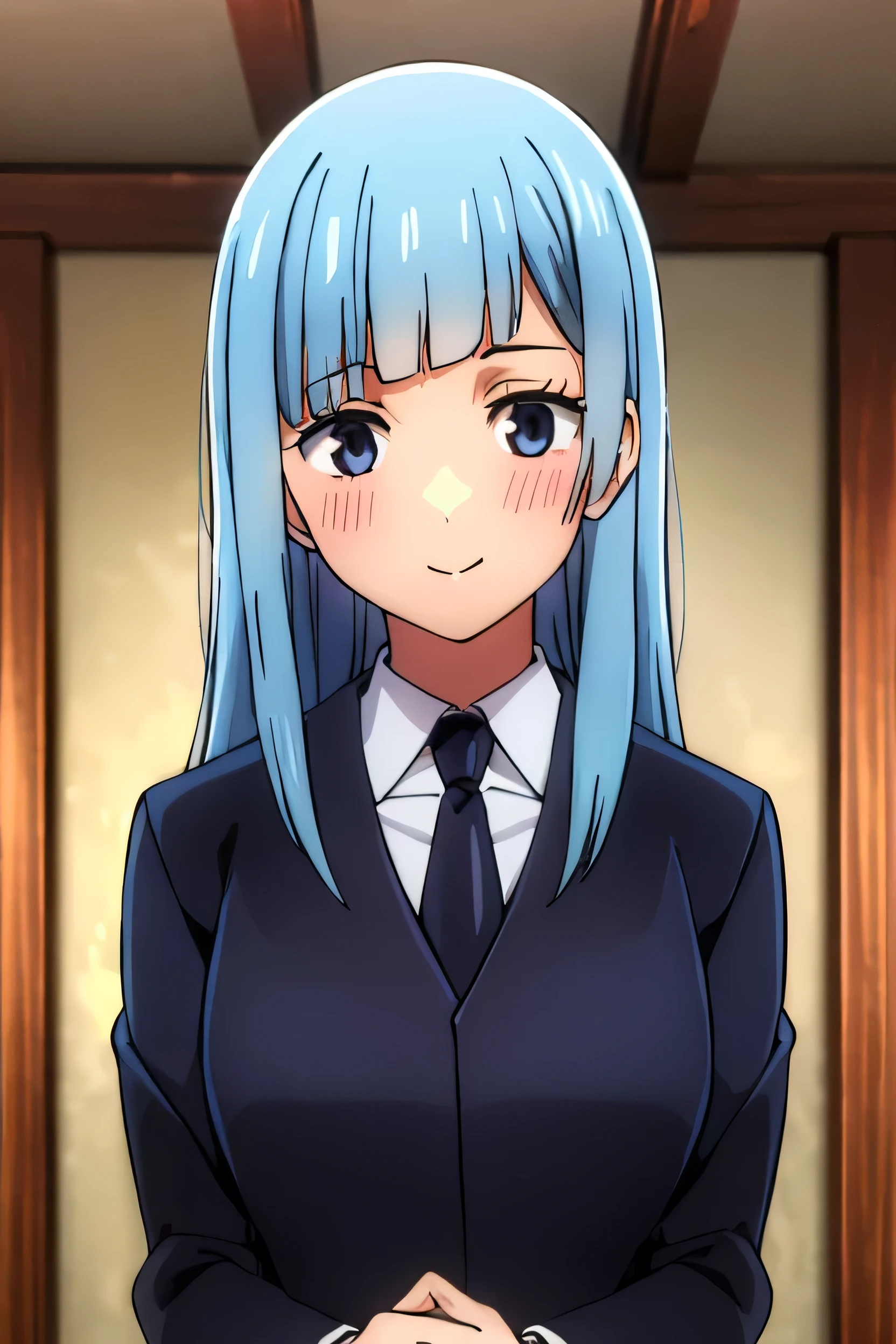 (Highly detailed CG Unity 8k wallpaper),(masterpiece),(Highest quality),(Super detailed),(Best illustrations),(Best Shadow),(Absurd), (JK_Miwa_kasumi), One girl, alone, Blue Hair, tie, Long Hair, Long Hair, Straight hair, Light blue hair, Straight Hair, blue eyes, bangs, Jacket, shirt, View your viewers, black tie, blunt bangs, Upper Body, collared shirt, indoor, Mouth closed, Side bangs, blush, eyelash, smile, Asymmetrical Hair, (formal, suit, 黒のJacket, white shirt, 黒のtie), Black trousers, 