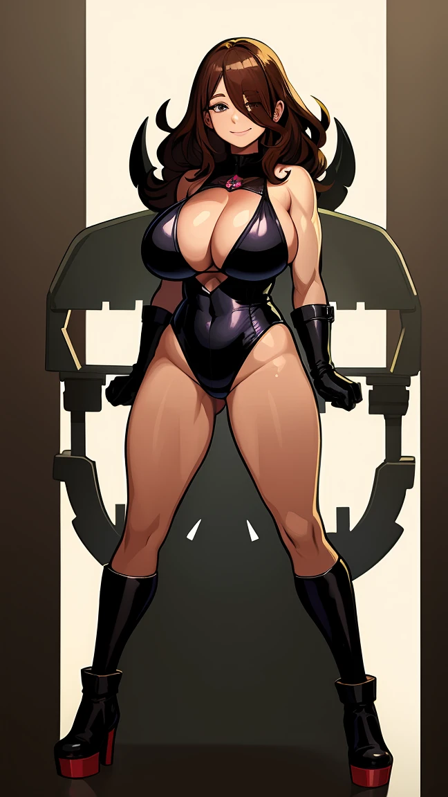 (High resolution, best quality:1.2), (40 years old:1.8), smiling, straight eyes, arms behind back, (pigeon toed:1), anime-style illustration of a housewife with huge , brown hair covering one eye, wearing a metallic bikini and platform boots. She is standing in a dark room full of darkness. She has a devilish smile on her face. The background is a mysterious light and there are large machines lined up.