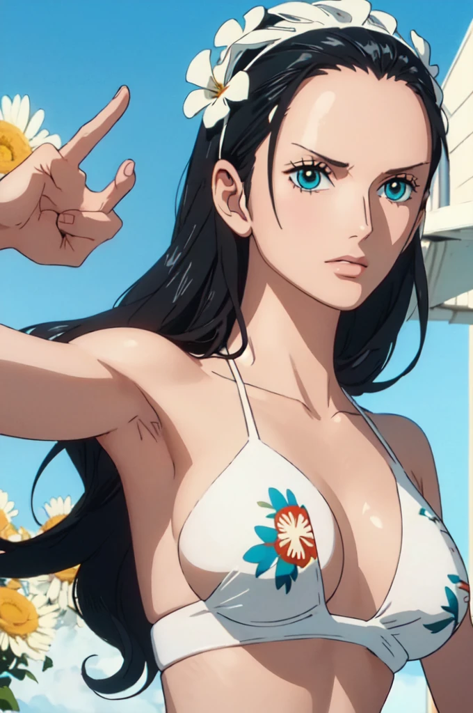 best quality, masterpiece, over the sea,1girl (((white bikini swimsuit、flowers printed)))、Beautiful sunlight on the beach, One Piece character Nico Robin, long black hair, extremely beautiful, looking at the viewer, standing in a bikini.(top-quality, 8K, masterpiece:1.3)), A detailed eye, (looking at from the front), Look at the camera, ((Everything is sparkling、reflecting light:1.2)), (Best Ratio: 4 fingers, 1 thumb), (portrait), 1 person, Nico Robin ((one piece)), Beautiful woman with perfect body, Highly detailed facial and skin texture,wearing accessories on head, all fingers pointing at viewer,(((Beautiful white bikini))) sexy shy