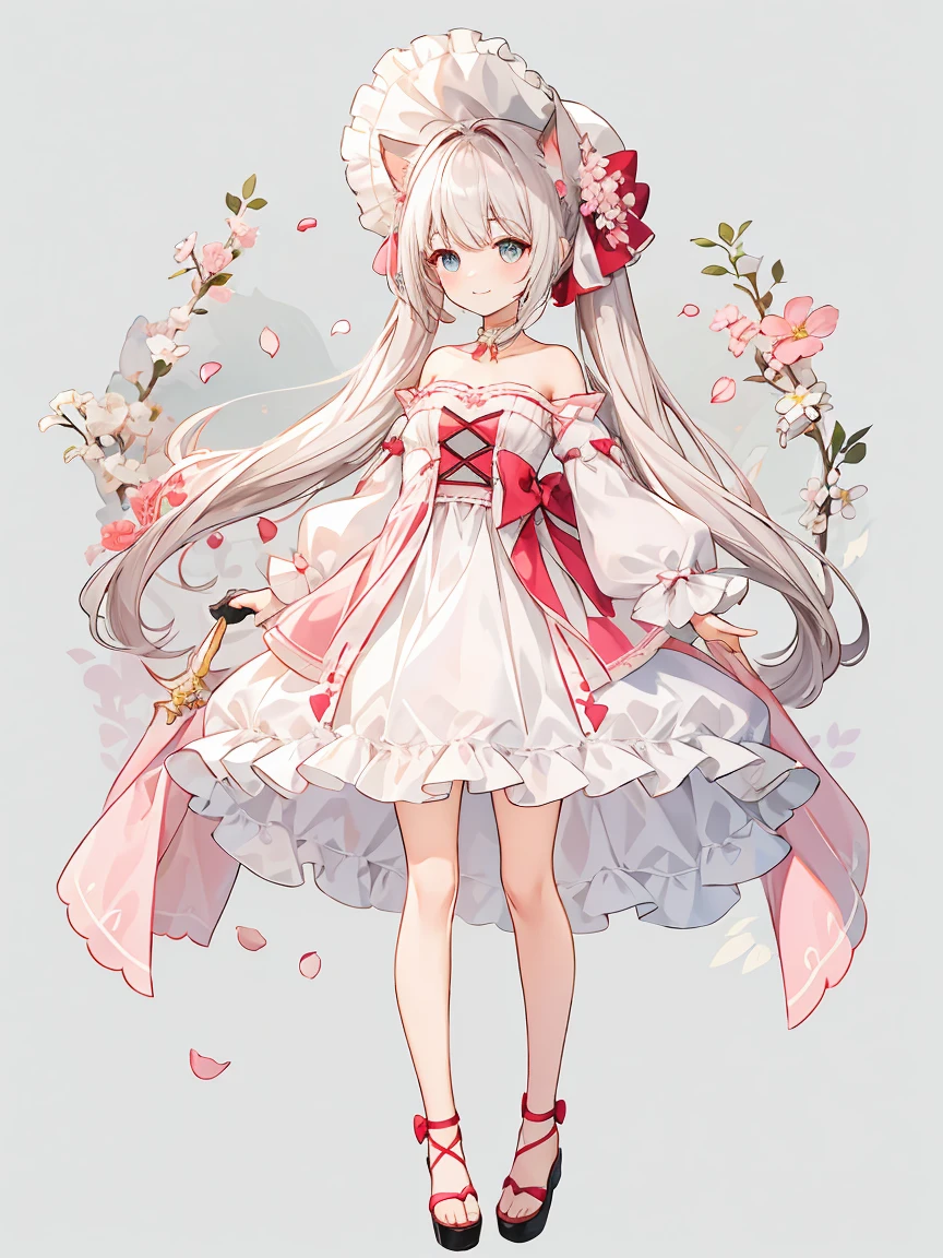 Chattotori, 1girll, pink sleeve, solo,Cat ears, Long ponytail,Gorgeous cake dress, full bodyesbian,adolable, a skirt, looking at viewert, shift dresses, exposed bare shoulders, Bare legs, Beautiful detailed eyes, Be red in the face, standing on your feet, clavicle, No shoulder strap, bucket-hat, Footwear, leges, frilld, flatchest, short skirt, Bow knot, longer sleeves, arms at sides, beatiful background,beautiful illustration, best quality, cute girl, happy, dynamic angle, armpit,masterpiece, best quality, 1girl, solo, long_hair, looking_at_viewer, white hair twintails, grees eyes, smile, bangs, white princess dress, long_sleeves, hat, dress, bow, holding, closed_mouth, flower, frills, hair_flower, petals, bouquet, holding sword, center_frills, bonnet, holding_bouquet, tachi-e, full body