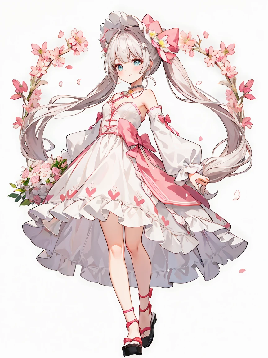 Chattotori, 1girll, pink sleeve, solo,Cat ears, Long ponytail,Gorgeous cake dress, full bodyesbian,adolable, a skirt, looking at viewert, shift dresses, exposed bare shoulders, Bare legs, Beautiful detailed eyes, Be red in the face, standing on your feet, clavicle, No shoulder strap, bucket-hat, Footwear, leges, frilld, flatchest, short skirt, Bow knot, longer sleeves, arms at sides, beatiful background,beautiful illustration, best quality, cute girl, happy, dynamic angle, armpit,masterpiece, best quality, 1girl, solo, long_hair, looking_at_viewer, white hair twintails, grees eyes, smile, bangs, white princess dress, long_sleeves, hat, dress, bow, holding, closed_mouth, flower, frills, hair_flower, petals, bouquet, holding sword, center_frills, bonnet, holding_bouquet, tachi-e, full body