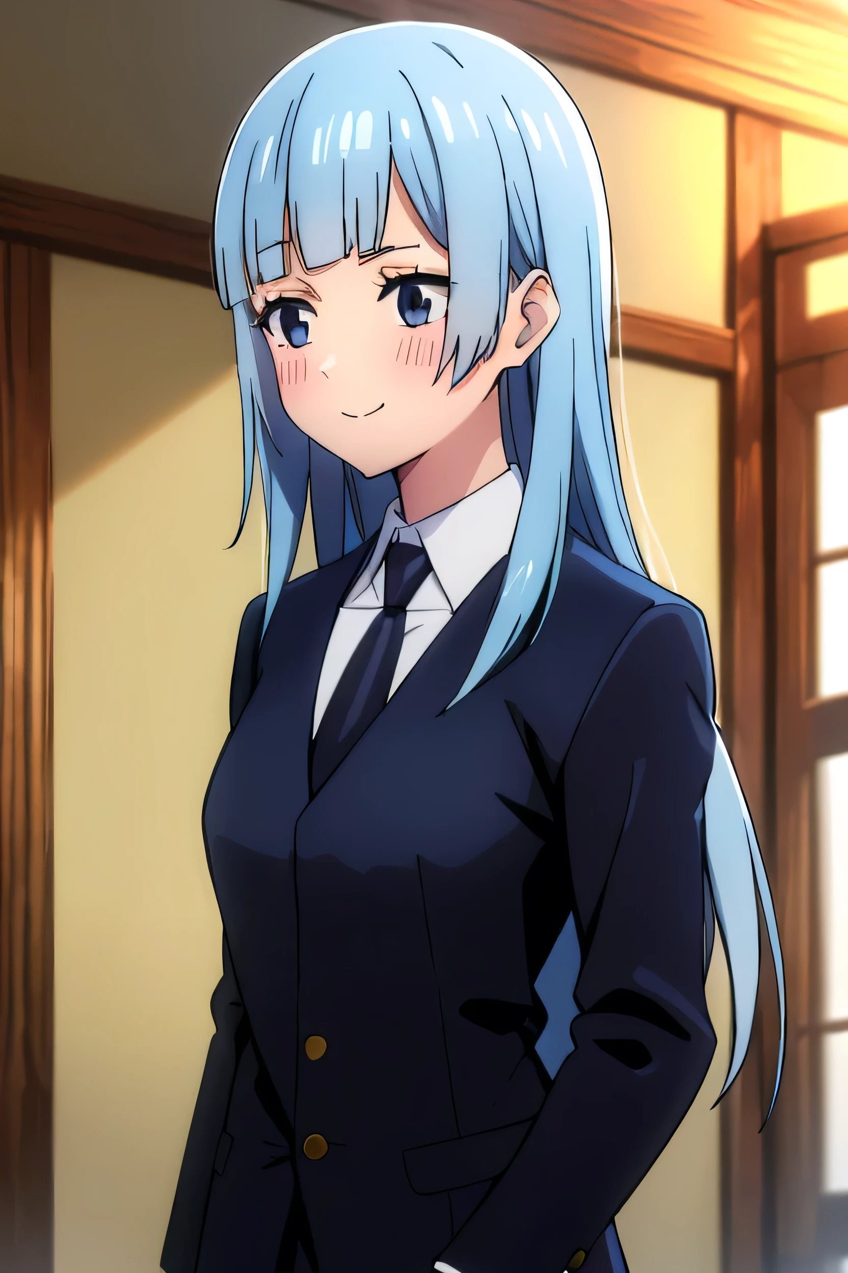 (Highly detailed CG Unity 8k wallpaper),(masterpiece),(Highest quality),(Super detailed),(Best illustrations),(Best Shadow),(Absurd), (JK_Miwa_kasumi), One girl, alone, Blue Hair, tie, Long Hair, Long Hair, Straight hair, Light blue hair, Straight Hair, blue eyes, bangs, Jacket, shirt, View your viewers, black tie, blunt bangs, Upper Body, collared shirt, indoor, Mouth closed, Side bangs, blush, eyelash, smile, Asymmetrical Hair, (formal, suit, 黒のJacket, white shirt, 黒のtie), Black trousers,