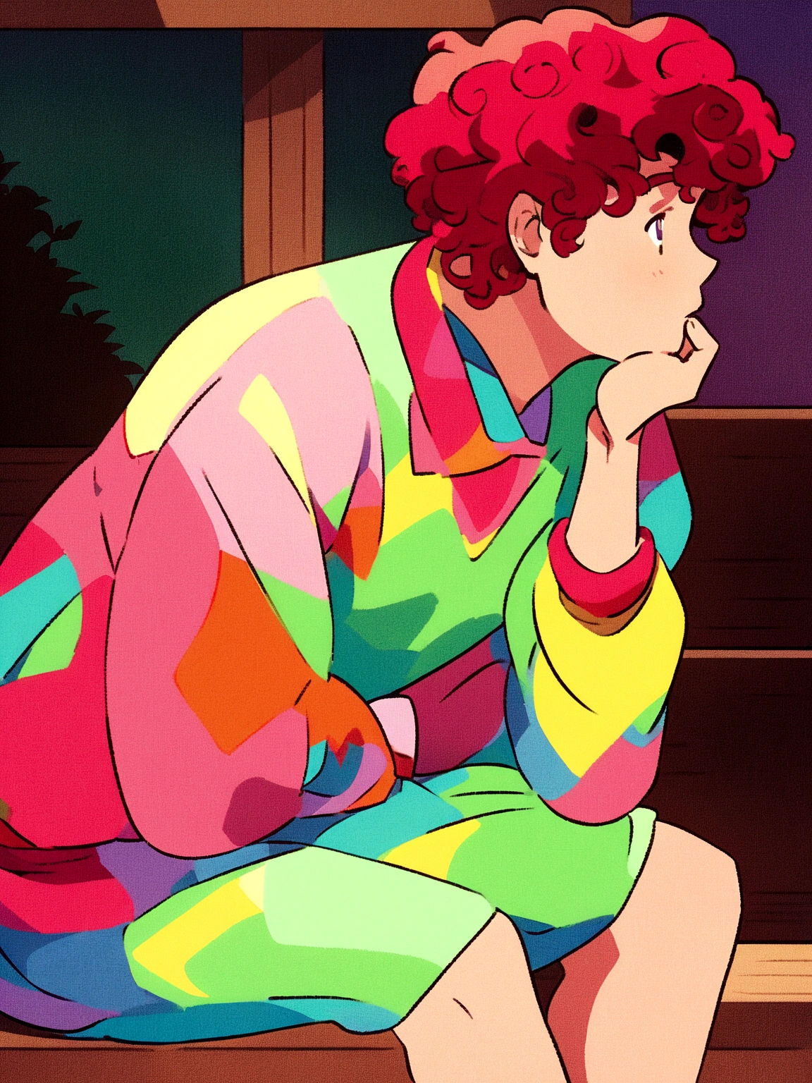 anime boy sitting on a bench with his hand on his chin, ((red curly hair )), praise artstyle, praise feel, cute anime pose, praise portrait, thoughtful pose, lo-fi illustration style, in the art style of 80s anime, praise art, praise, they be colors, they be, inspired by Bian Shoumin, official fanart