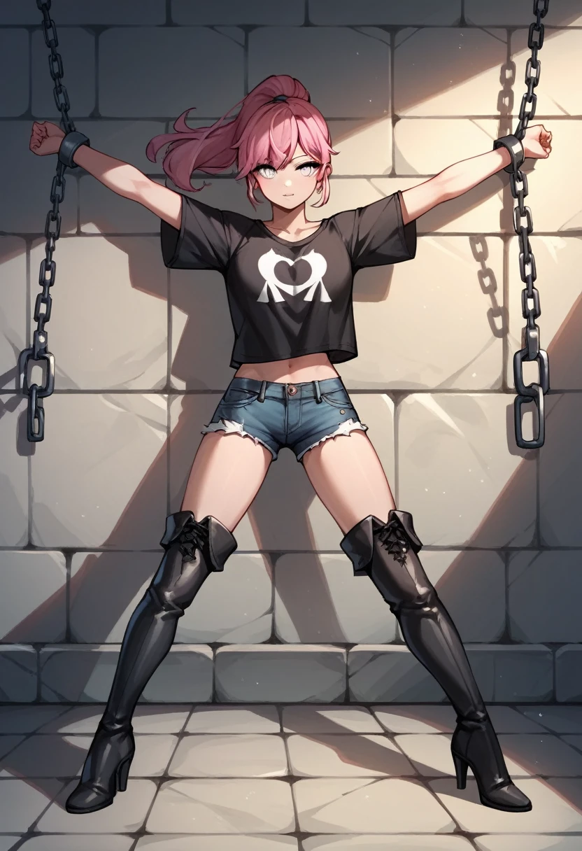 score_9, score_8_up, score_7_up, score_6_up, score_5_up, score_4_up, source_anime, 1girl,worth, pink hair,ponytail, white eyes, w-w-chain, spread arms, clean hair, black shirt, jeans shorts, thigh high boots, black boots, heels , dungeon, best quality, best res, 4K UHD,