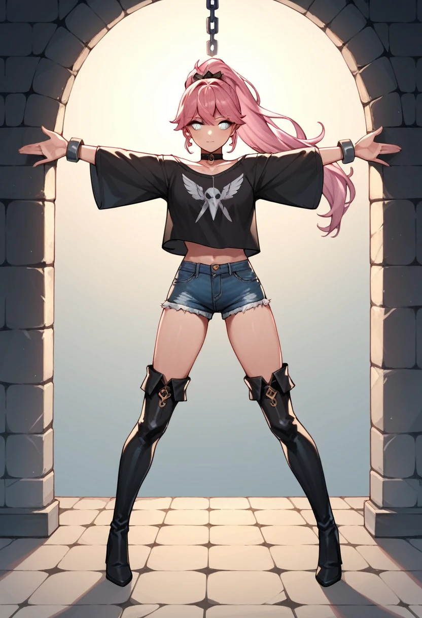 score_9, score_8_up, score_7_up, score_6_up, score_5_up, score_4_up, source_anime, 1girl,worth, pink hair,ponytail, white eyes, w-w-chain, spread arms, clean hair, black shirt, jeans shorts, thigh high boots, black boots, heels , dungeon, best quality, best res, 4K UHD,