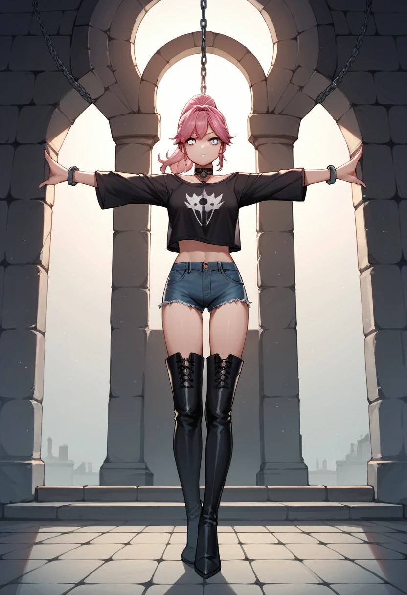 score_9, score_8_up, score_7_up, score_6_up, score_5_up, score_4_up, source_anime, 1girl,worth, pink hair,ponytail, white eyes, w-w-chain, spread arms, clean hair, black shirt, jeans shorts, thigh high boots, black boots, heels , dungeon, best quality, best res, 4K UHD,