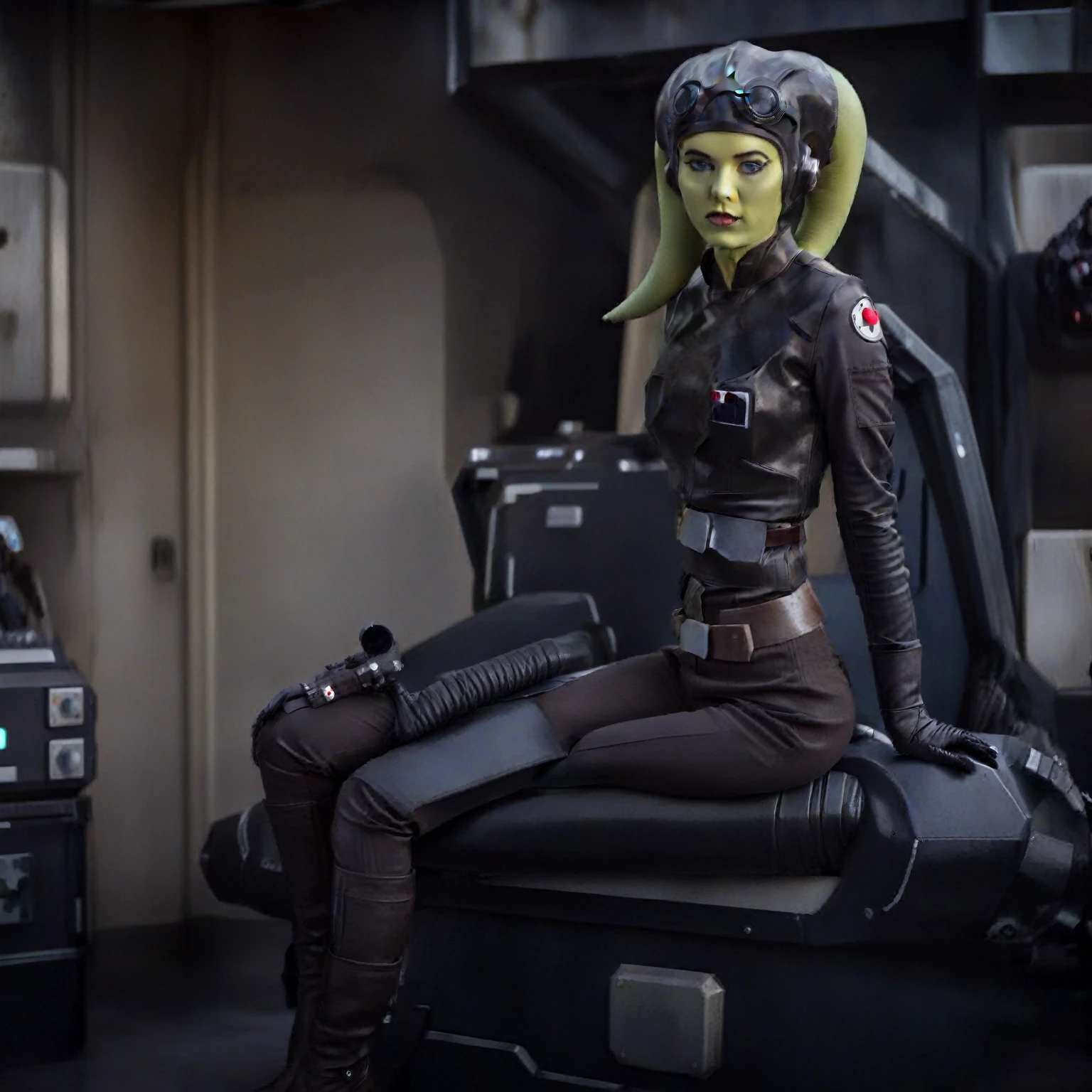 score_9, score_8_up, score_7_up, score_6_up, 2d, rating_questionable, rating_safe, BREAK a cinematic film portrait still of a young and attractive ((green skin)) Female Twi'lek (((hera syndulla ))), pale instagram model wearing (((Tie Pilot uniform))), wearing an officer cap, sitting on her sci-fi bunk bed, in a sci-fi ship, full body shot . shallow depth of field, vignette, highly detailed, high budget Hollywood movie by baz luhrmann, bokeh, cinemascope, moody, epic, gorgeous, film grain, grainy
