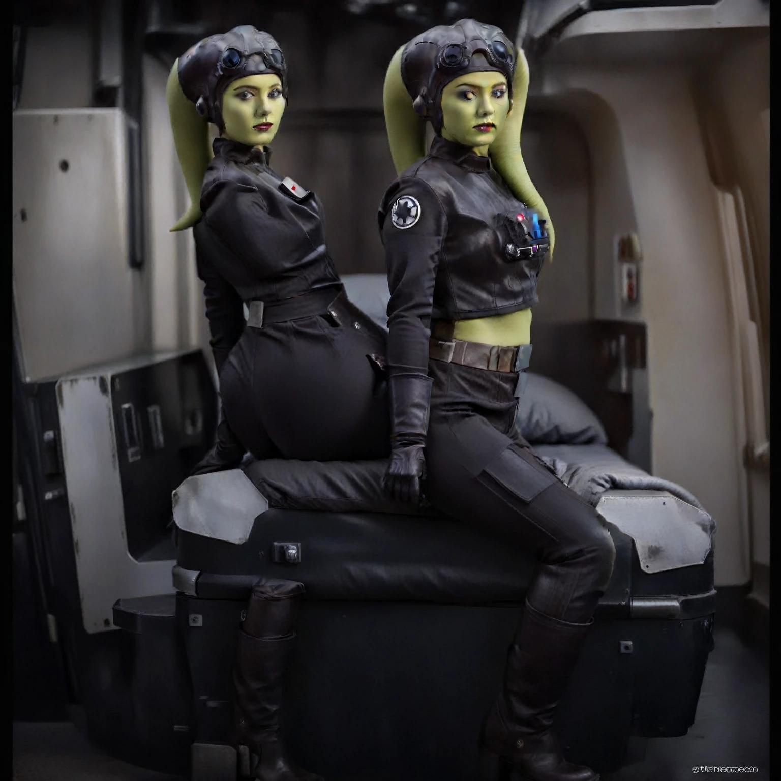 score_9, score_8_up, score_7_up, score_6_up, 2d, rating_questionable, rating_safe, BREAK a cinematic film portrait still of a young and attractive ((green skin)) Female Twi'lek (((hera syndulla ))), pale instagram model wearing (((Tie Pilot uniform))), wearing an officer cap, sitting on her sci-fi bunk bed, in a sci-fi ship, full body shot . shallow depth of field, vignette, highly detailed, high budget Hollywood movie by baz luhrmann, bokeh, cinemascope, moody, epic, gorgeous, film grain, grainy
