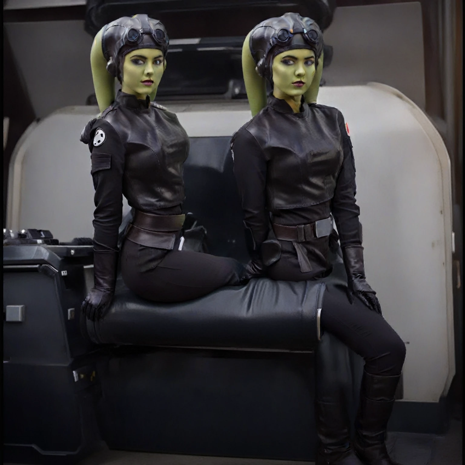 score_9, score_8_up, score_7_up, score_6_up, 2d, rating_questionable, rating_safe, BREAK a cinematic film portrait still of a young and attractive ((green skin)) Female Twi'lek (((hera syndulla ))), pale instagram model wearing (((Tie Pilot uniform))), wearing an officer cap, sitting on her sci-fi bunk bed, in a sci-fi ship, full body shot . shallow depth of field, vignette, highly detailed, high budget Hollywood movie by baz luhrmann, bokeh, cinemascope, moody, epic, gorgeous, film grain, grainy
