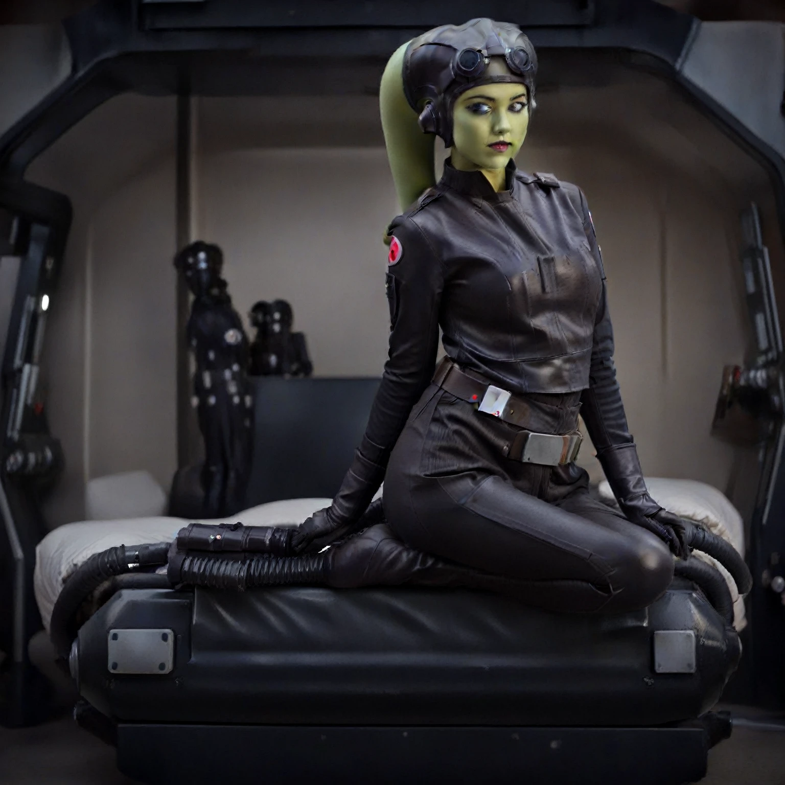 score_9, score_8_up, score_7_up, score_6_up, 2d, rating_questionable, rating_safe, BREAK a cinematic film portrait still of a young and attractive ((green skin)) Female Twi'lek (((hera syndulla ))), pale instagram model wearing (((Tie Pilot uniform))), wearing an officer cap, sitting on her sci-fi bunk bed, in a sci-fi ship, full body shot . shallow depth of field, vignette, highly detailed, high budget Hollywood movie by baz luhrmann, bokeh, cinemascope, moody, epic, gorgeous, film grain, grainy
