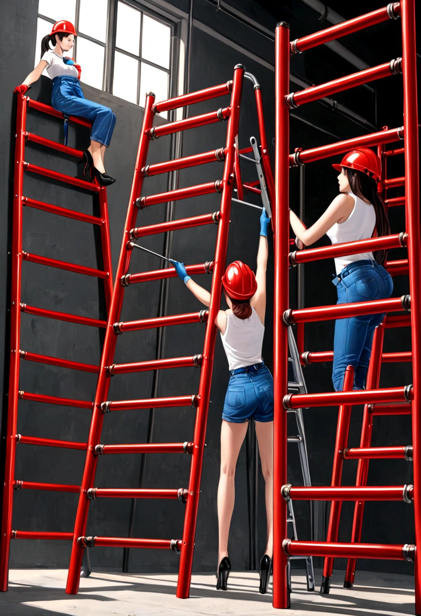 Beautifuls Girls and tools installing red pipe on a ladder