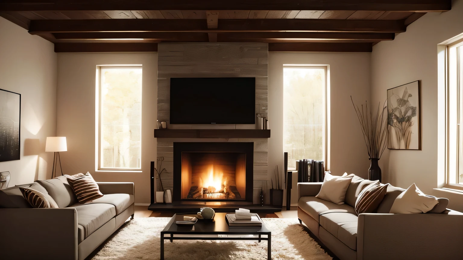 Living room close up with fireplace and sofa, fireplace lighting, cozy fireplace, cozy interior, cozy contemporary living room, cozy atmosphere, large living room installation, fresh and modern look, modern style, warm lighting interior, alighting fireplace,. Modern Rustic, Cozy and Serene, Cozy Atmosphere, Ambiance, Living Room Atmosphere, Warm Interior, Wall TV, High Ceiling