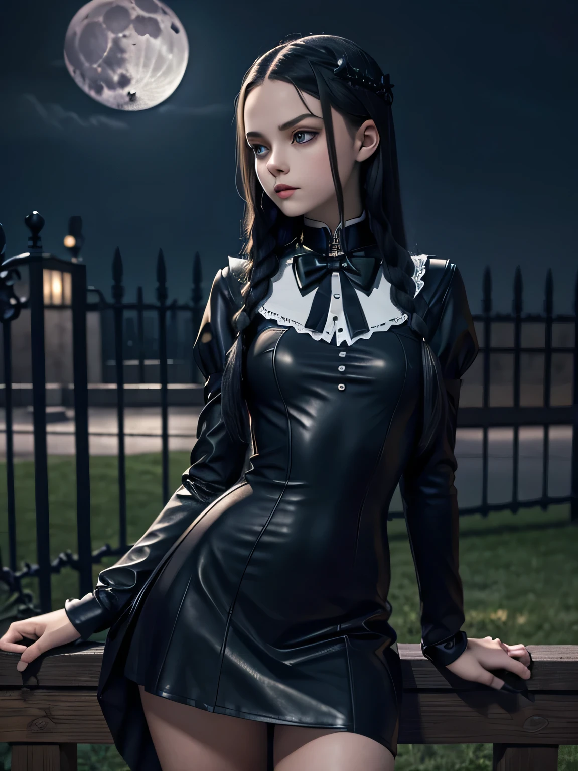 masterpiece. . detailed beautiful teen Wednesday Addams. .  detailed short tight leather costume, .   athletic. . night. sitting on sofa. . background moon. from above camera. 