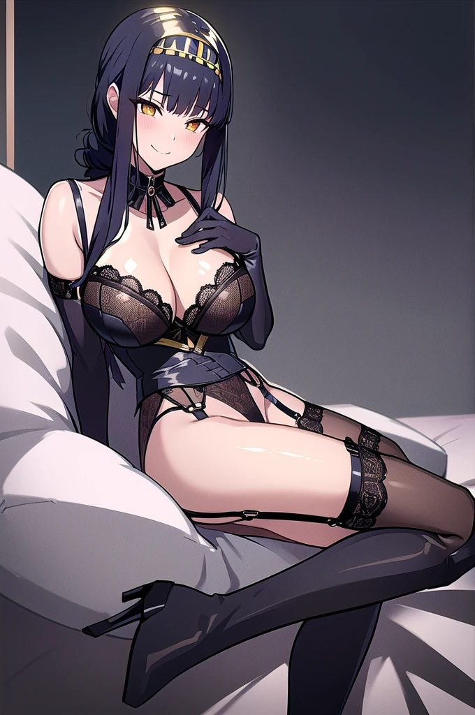 ((Anime illustration)) ,【1girl,1boy(men and women)】,In a hotel bed on a moonlit night,Beautiful night view, 【nsfw】【1boy】【penis】,((Black-haired Cleopatra)),(ponytail hair),Beautiful black lingerie,(bra lift),(mini tight skirt),((Gorgeous big breasts shining)),Lace Top Stockings,Knee-high boots,garter belt,Long satin gloves,(Laughing with your fingers),Crossing your legs,Condescending look,Provocative pose,Sexy body