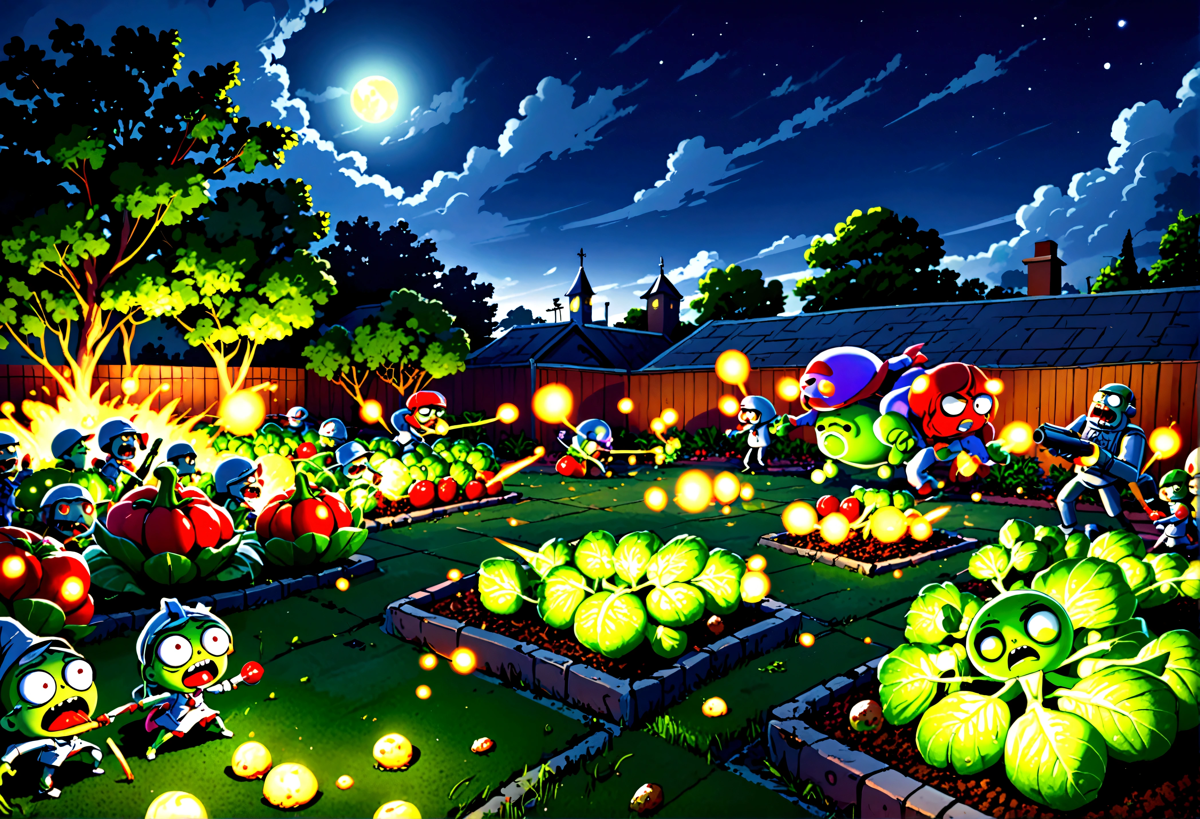 cartoonish battle field (Noble vegetable army) shoots at the charging zombie horde. Back yard garden, moonlit night
