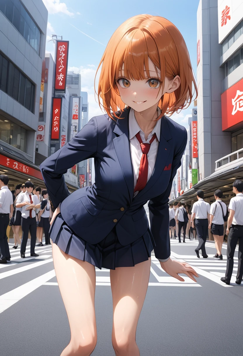 ((masterpiece,Highest quality:1.3,best quality illustration)),cowboy shot,1woman,16-year-old Japan beauty,((very small head:1.4)),short bob hair,bangs,orange hair,brown eyes,gorgeous eyes,blush,smile,medium breasts,((very long body)),(School uniform,Navy blue blazer、Red tie、White Shirt、Navy blue pleated mini skirt),(toned body,slender body,skinny),gleaming skin,shiny skin,oily skin,standing,Shibuya Station、Tokyo