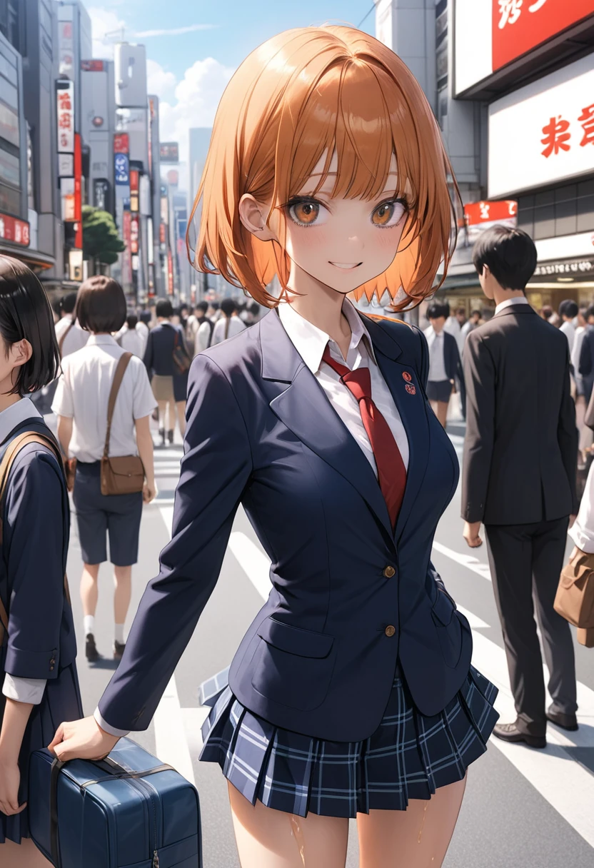 ((masterpiece,Highest quality:1.3,best quality illustration)),cowboy shot,1woman,16-year-old Japan beauty,((very small head:1.4)),short bob hair,bangs,orange hair,brown eyes,gorgeous eyes,blush,smile,medium breasts,((very long body)),(School uniform,Navy blue blazer、Red tie、White Shirt、Navy blue pleated mini skirt),(toned body,slender body,skinny),gleaming skin,shiny skin,oily skin,standing,Shibuya Station、Tokyo