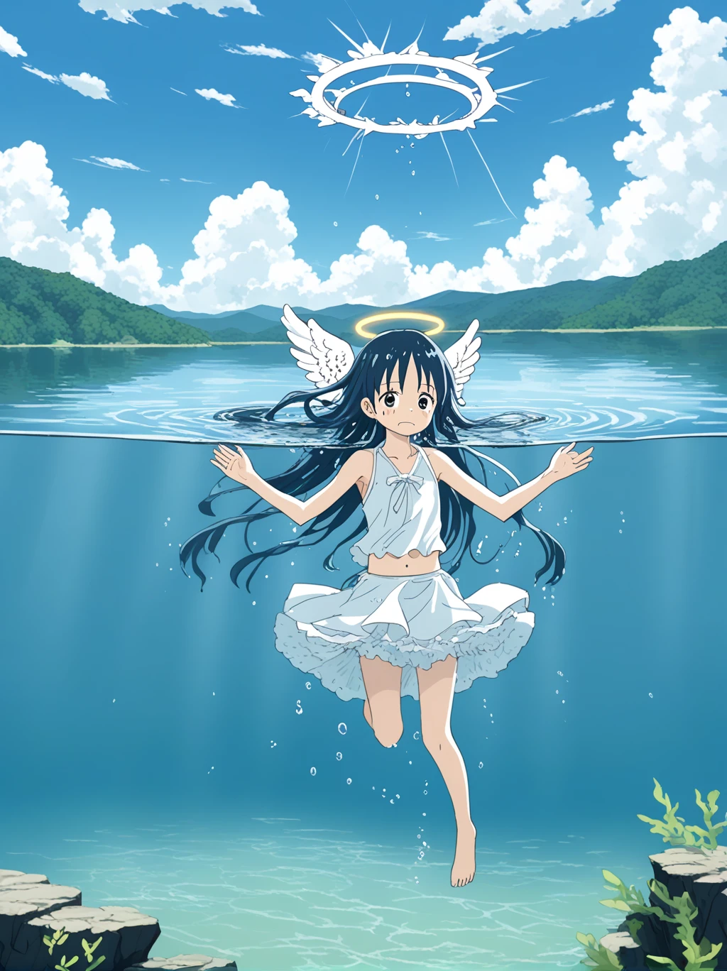 partially underwater, lakeの女神, Long Hair, Wet Hair,lake,8-year-old、Flat Chest、one piece、Above the water line from the neck、Body in water, ,The skirt flips up due to buoyancy、Angel Halo、Falling from the Sky