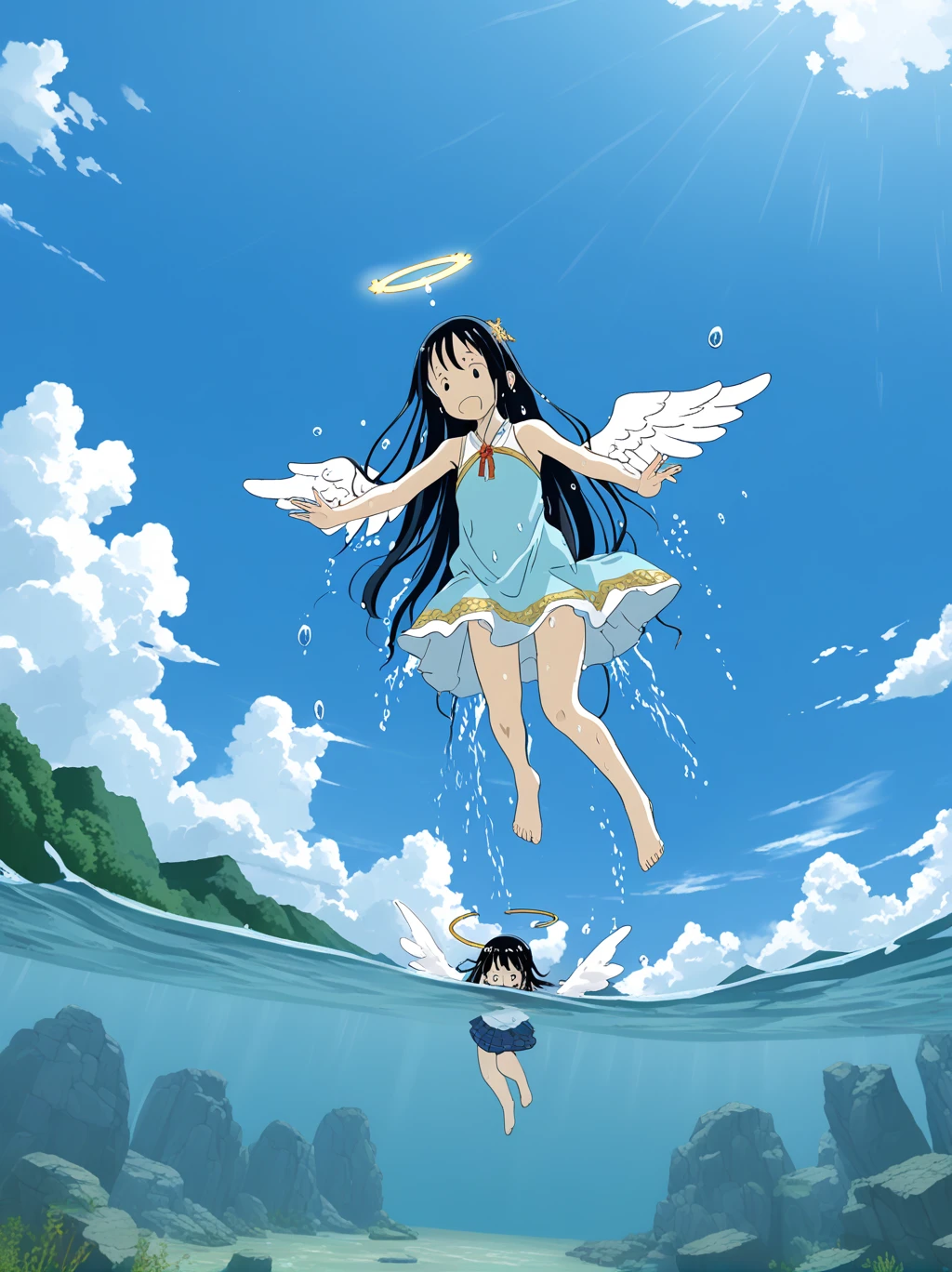 partially underwater, lakeの女神, Long Hair, Wet Hair,lake,8-year-old、Flat Chest、one piece、Above the water line from the neck、Body in water, ,The skirt flips up due to buoyancy、Angel Halo、Falling from the Sky