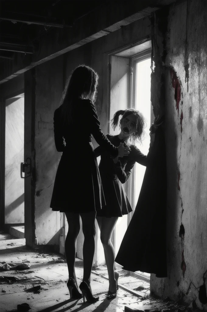 A young woman is trapped in a school with a cursed doll. she has a knife in her hands. She is (terrified and desperate:1.1) as she tries to (escape:1.2) from the doll,The doll is a (creepy and twisted:1.1) version of her best friend,who died in a car accident.,
BREAK
The school is (dark and bloody:1.1),and there are some corpses,traps,and messages on the walls. The scene is (horrifying and gruesome:1.1),
dark backlighting,cinematic lighting,dark atmosphere,