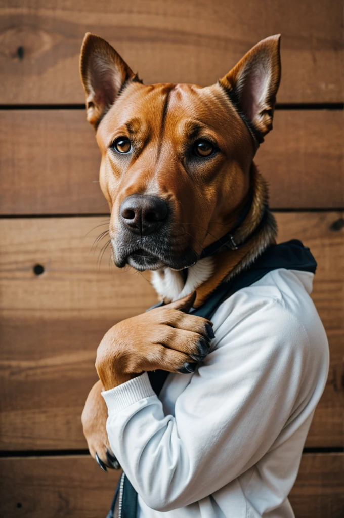 Dog head with a hand on the cheek forming a heart