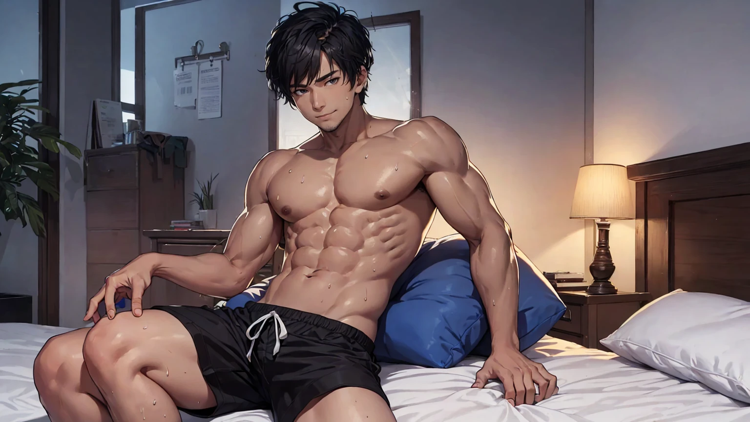 1 man, Handsome mature man, Ambiguous sexy smile, Solitary, White skin, muscular, Muscle Man, High target, handsome guy, Big biceps, Abdominal muscles, thigh, Broad shoulders, Open the chest,, Black short hair,sweat, Sweaty hair, Shirtless, Sit on the bed and relax, Black shorts, Viewers Watching, high resolution:1.2, best quality, Upper body shooting, Flat style, Ambiguous room background, Low photographic angle, Volumetric Lighting, Depth of Field, shadow,Romantic environment
