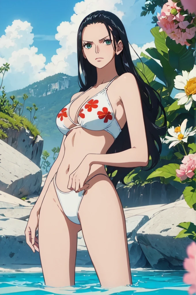 best quality, masterpiece, over the sea,1girl (((white bikini swimsuit、flowers printed)))、Beautiful sunlight on the beach, One Piece character Nico Robin, long black hair, extremely beautiful, looking at the viewer, standing in a bikini.(top-quality, 8K, masterpiece:1.3)), A detailed eye, (looking at from the front), Look at the camera, ((Everything is sparkling、reflecting light:1.2)), (Best Ratio: 4 fingers, 1 thumb), (portrait), 1 person, Nico Robin ((one piece)), Beautiful woman with perfect body, Highly detailed facial and skin texture,wearing accessories on head, all fingers pointing at viewer,(((Beautiful white bikini))) sexy shy full body shorts