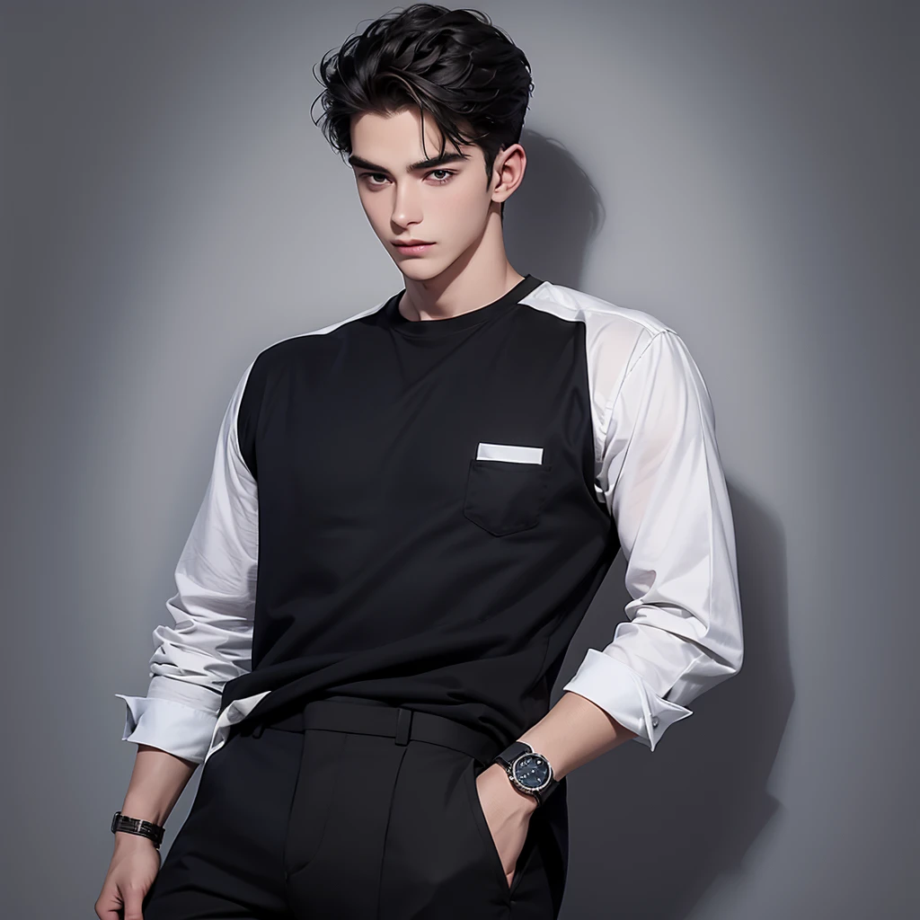 handsome young man,no beard,Approximately 26 years old,A deep and charming face,The shirt lacks perfect body proportions.,black pants,Wear a watch,Overbearing president,High quality,details