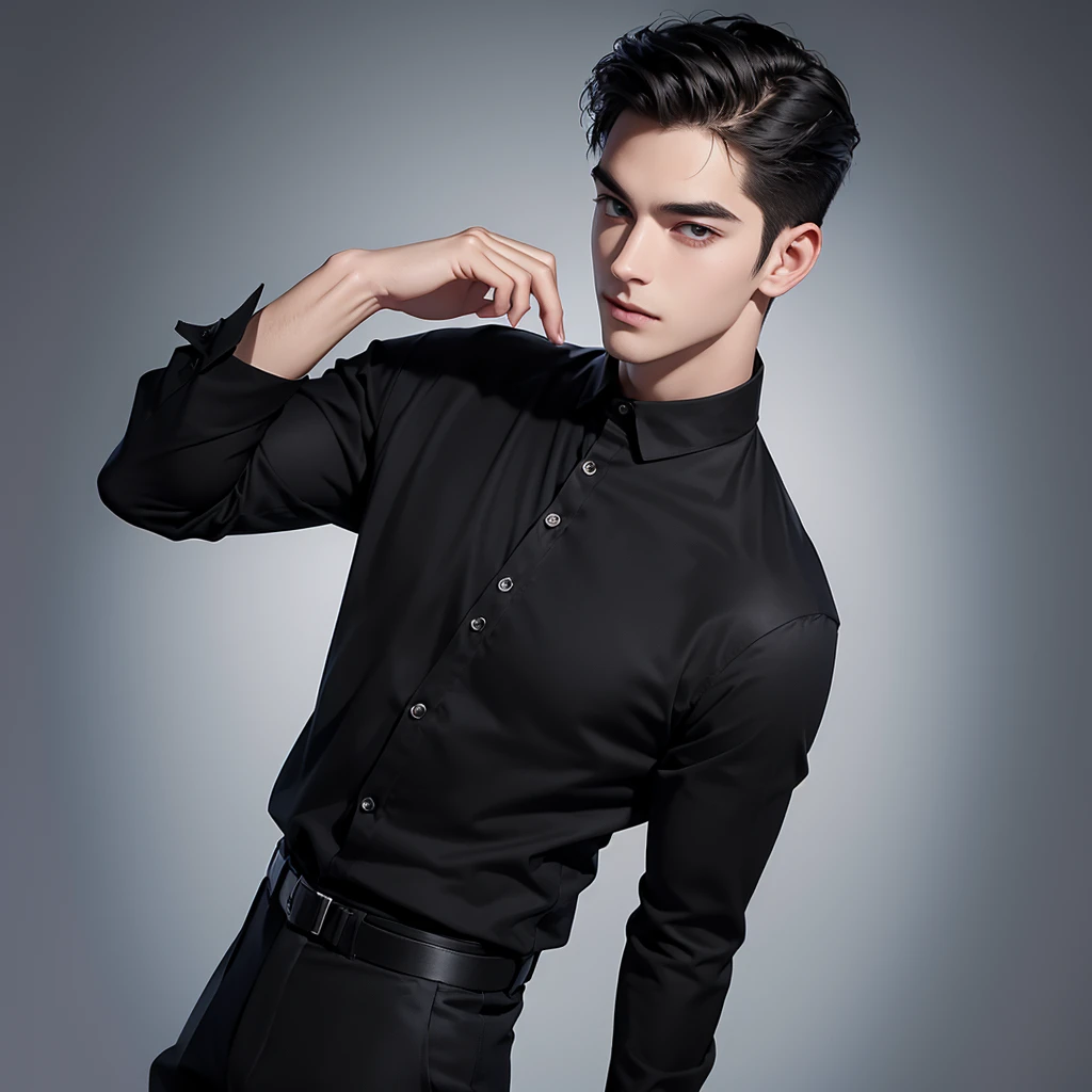 handsome young man，no beard，Approximately 26 years old，A deep and charming face，The shirt lacks perfect body proportions.，black pants，Wear a watch，Overbearing president，High quality，details