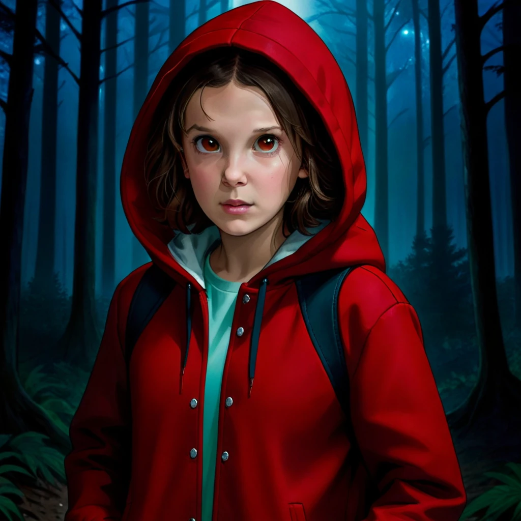 milli3 woman, millie bobby brown, 1 girl wearing red jacket and hood, netflix, stranger things, eleven, in a dark forest, front view.