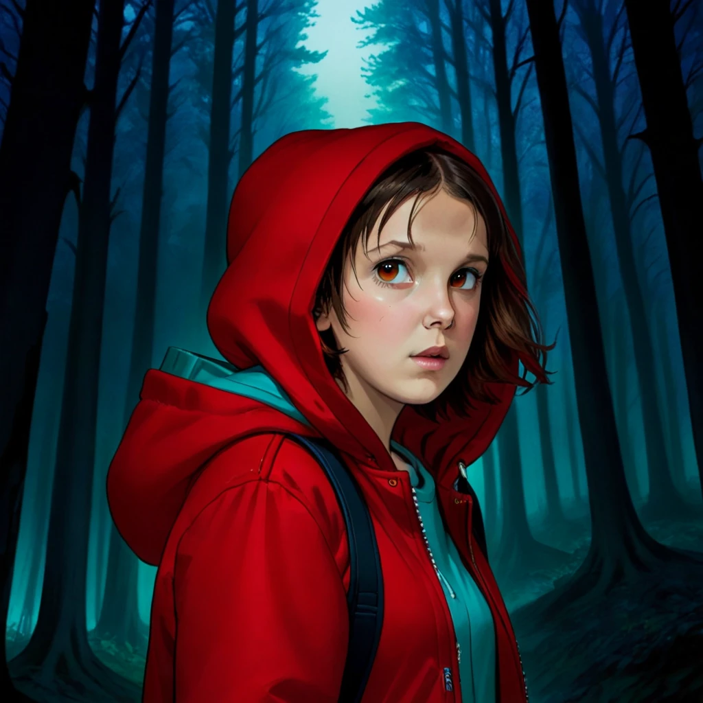 milli3 woman, millie bobby brown, 1 girl wearing black jacket and hood, netflix, stranger things, eleven, in a dark forest, front view.