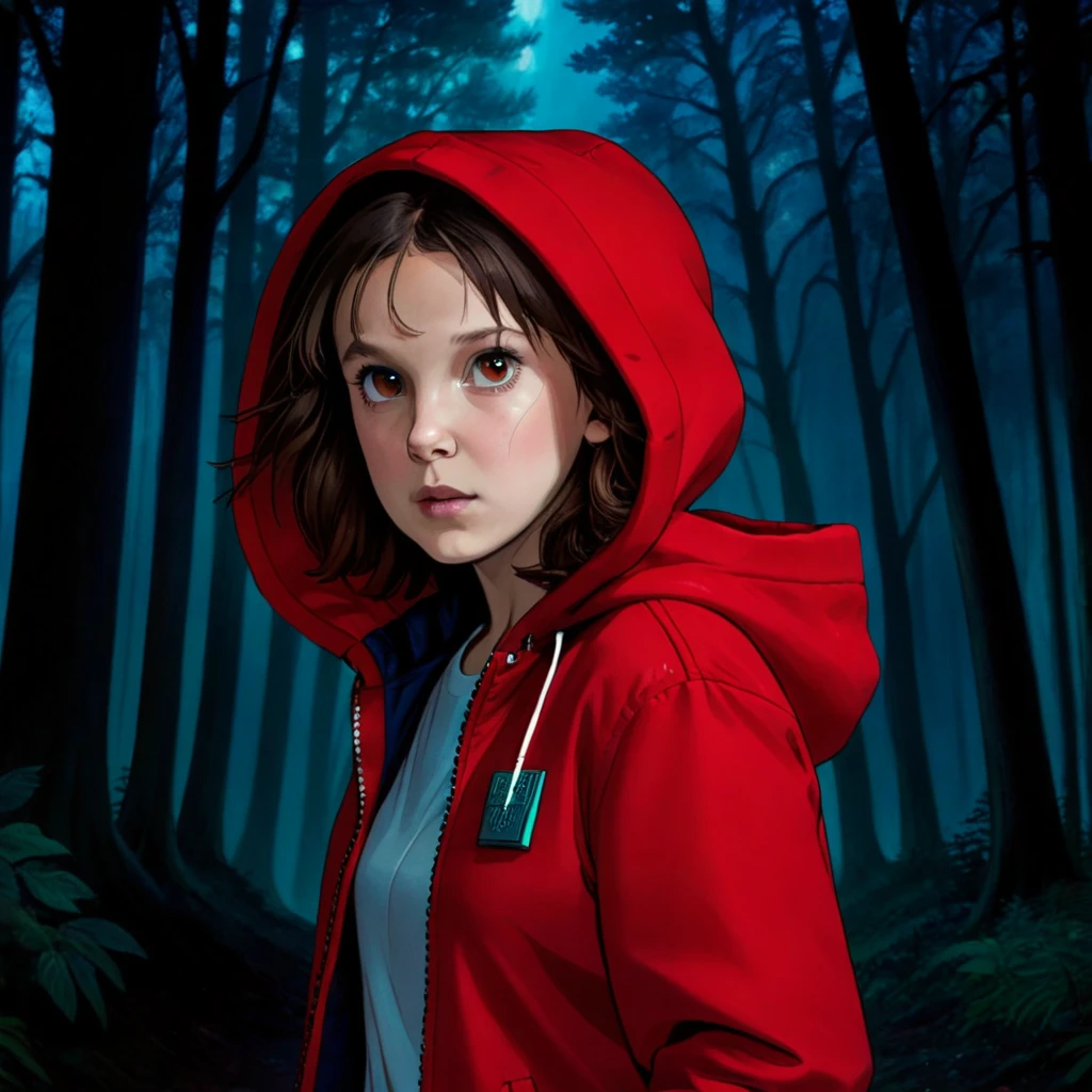 milli3 woman, millie bobby brown, 1 girl wearing black jacket and hood, netflix, stranger things, eleven, in a dark forest, front view.