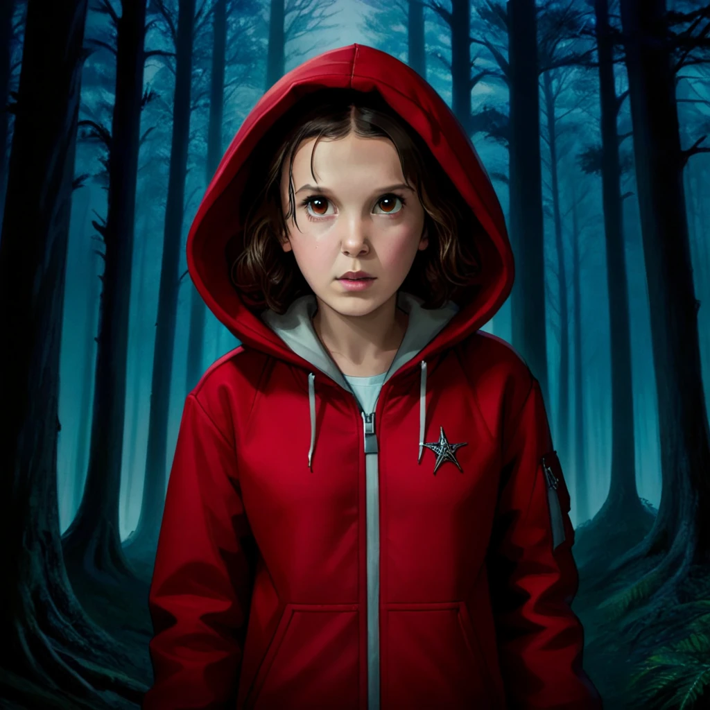 milli3 woman, millie bobby brown, 1 girl wearing red jacket and hood, netflix, stranger things, eleven, in a dark forest, front view.