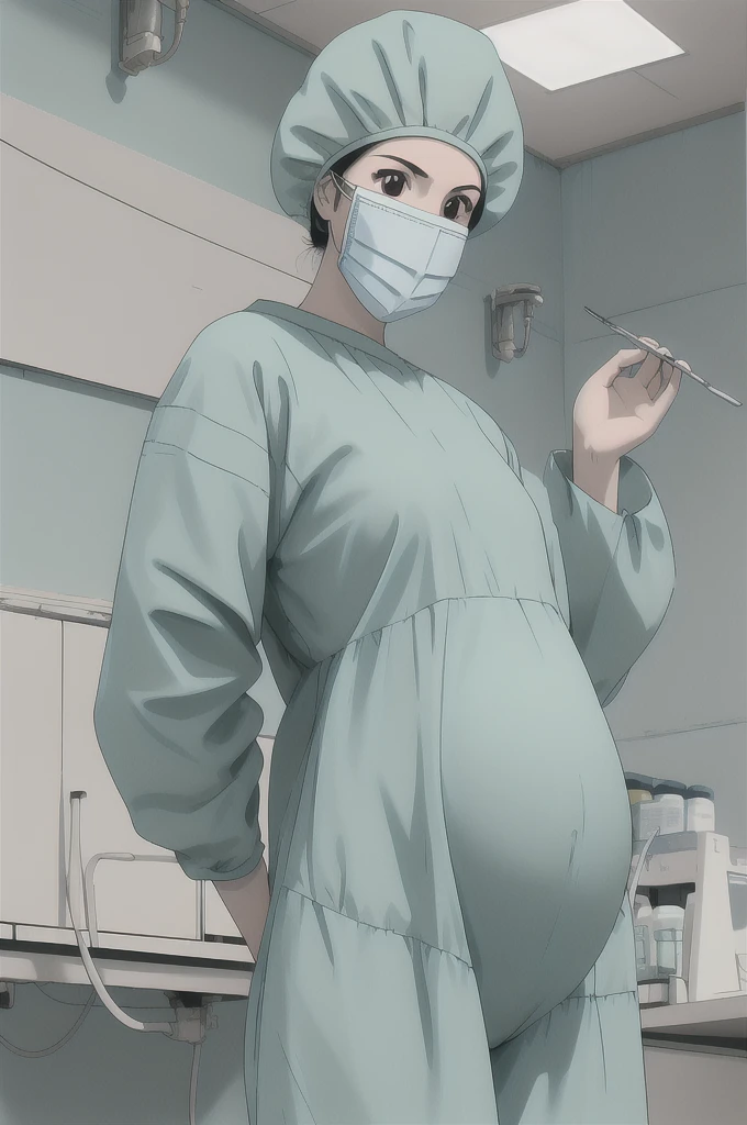 masterpiece, highest quality, (RAW photo, best quality), 1girl, pale skin, shy eyes, big breasts, pregnant, natural lighting, solo, upper body, hospital,
 ray kasugano, labcoat, (give a score of 9_give a score of 8_give a score of 7) long sleeve surgical gown, surgical cap, cover ears, surgical mask, surgical gloves, 