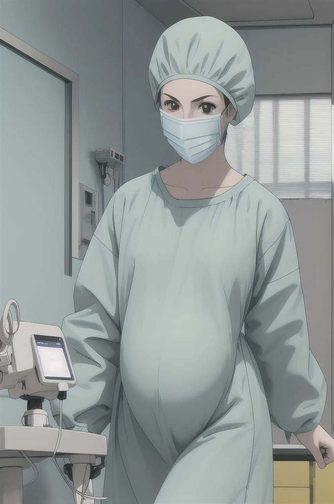 masterpiece, highest quality, (RAW photo, best quality), 1girl, pale skin, shy eyes, big breasts, pregnant, natural lighting, solo, upper body, hospital,
 ray kasugano, labcoat, (give a score of 9_give a score of 8_give a score of 7) long sleeve surgical gown, surgical cap, cover ears, surgical mask, surgical gloves, 