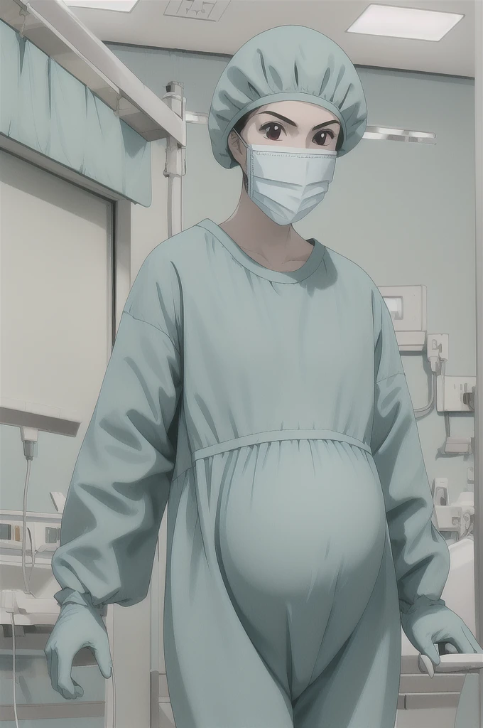 masterpiece, highest quality, (RAW photo, best quality), 1girl, pale skin, shy eyes, big breasts, pregnant, natural lighting, solo, upper body, hospital,
 ray kasugano, labcoat, (give a score of 9_give a score of 8_give a score of 7) long sleeve surgical gown, surgical cap, cover ears, surgical mask, surgical gloves, 