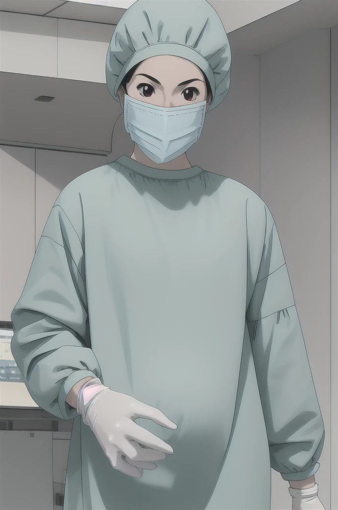 masterpiece, highest quality, (RAW photo, best quality), 1girl, pale skin, shy eyes, big breasts, pregnant, natural lighting, solo, upper body, hospital,
 ray kasugano, labcoat, (give a score of 9_give a score of 8_give a score of 7) long sleeve surgical gown, surgical cap, cover ears, surgical mask, surgical gloves, 