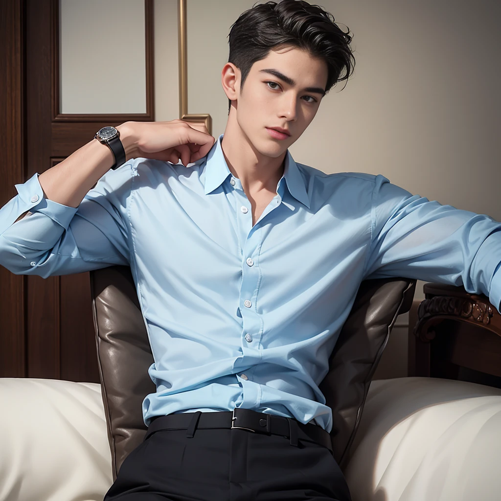 handsome young man，no beard，Approximately 26 years old，A deep and charming face，The shirt lacks perfect body proportions.，black pants，Wear a watch，Overbearing president，High quality，details