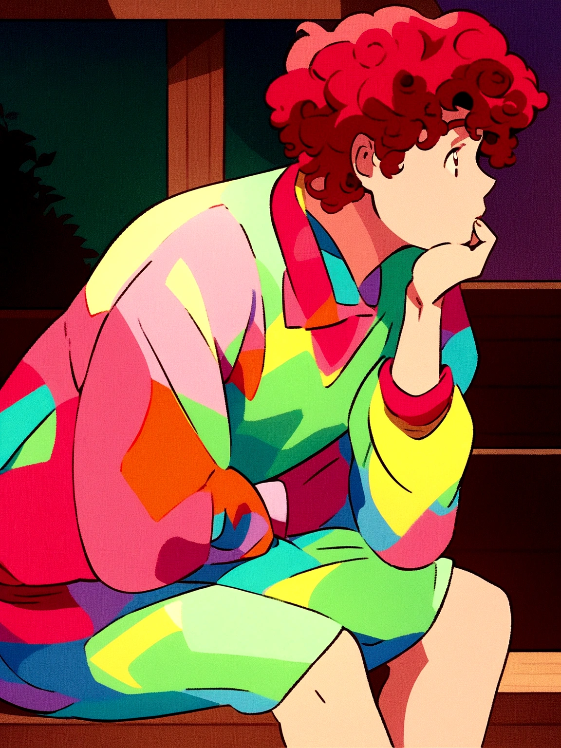 anime boy sitting on a bench with his hand on his chin, ((red curly hair )), praise artstyle, praise feel, cute anime pose, praise portrait, thoughtful pose, lo-fi illustration style, in the art style of 80s anime, praise art, praise, they be colors, they be, inspired by Bian Shoumin, official fanart