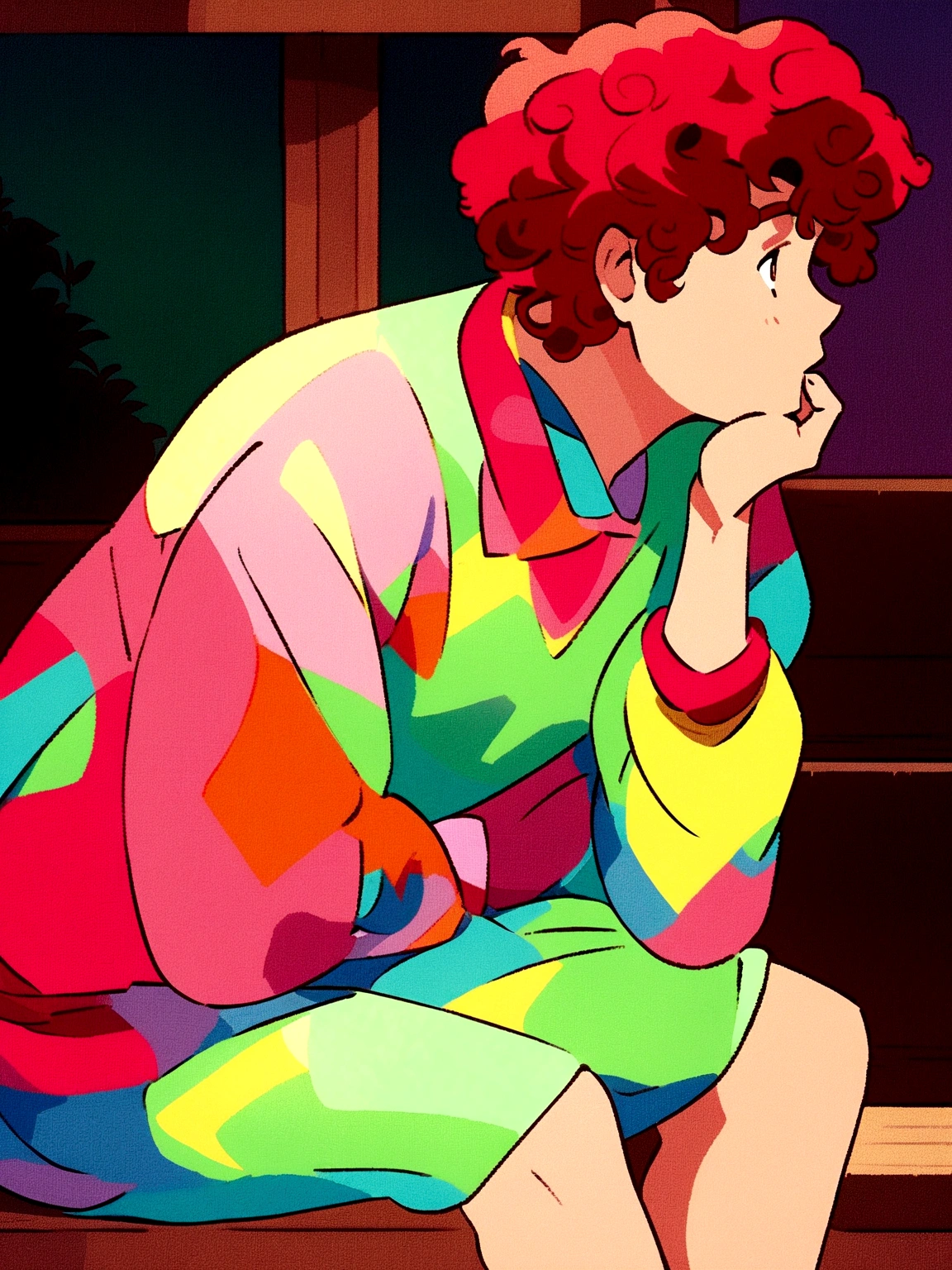 anime boy sitting on a bench with his hand on his chin, ((red curly hair )), praise artstyle, praise feel, cute anime pose, praise portrait, thoughtful pose, lo-fi illustration style, in the art style of 80s anime, praise art, praise, they be colors, they be, inspired by Bian Shoumin, official fanart