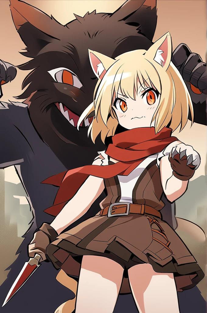 Short blonde hair, cat ears and tail to match hair color, orange eyes, wearing a red scarf, dressed like a brownish bandit, cute girl with a cat beast, brown leather gloves on her hands, two daggers in her hands, ready for battle, 15 years old, the picture should be a Japanese anime, similar to the reference image, small breasts