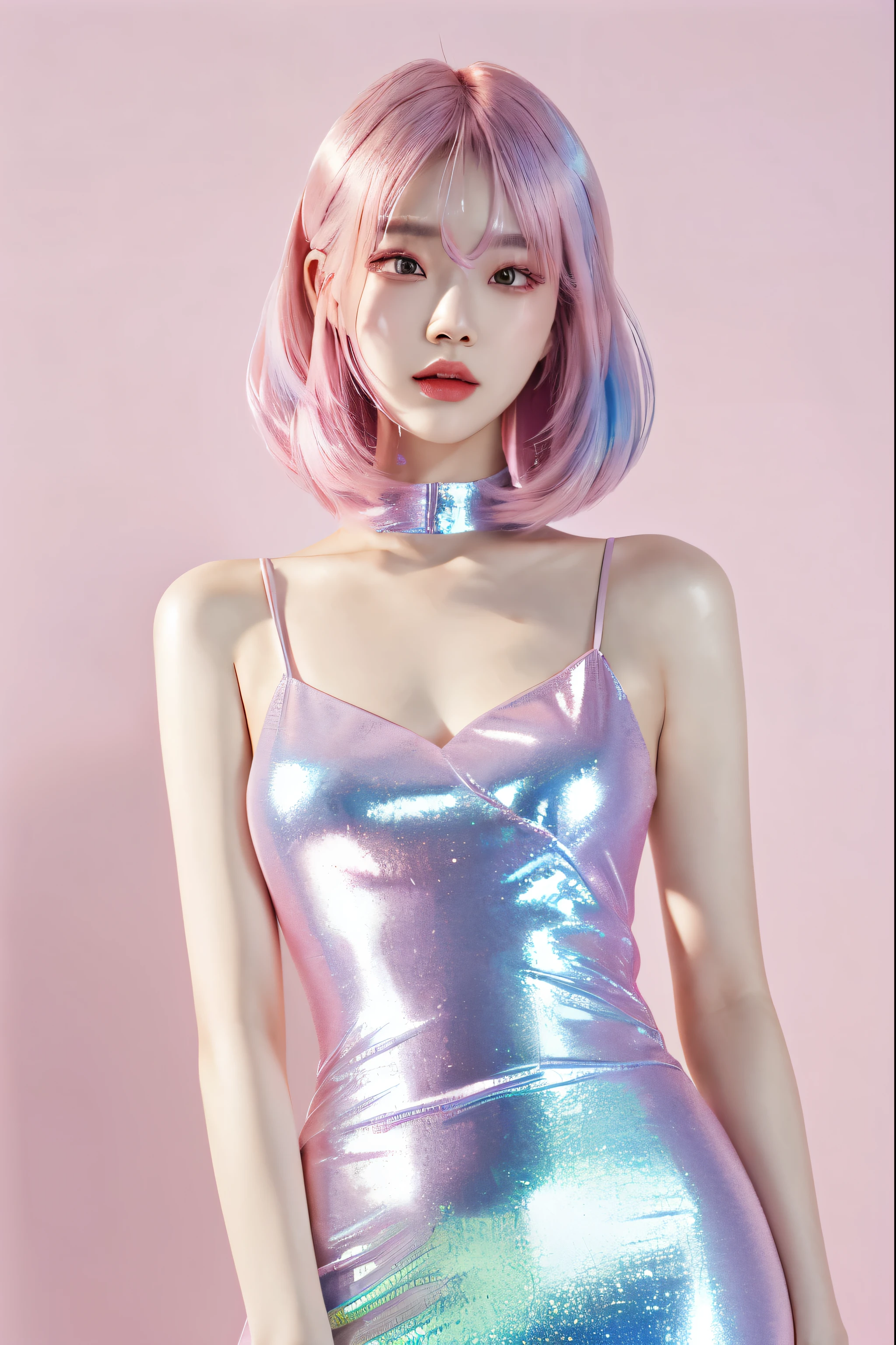 araffed woman Pink Hair wearing a silver dress, inspired by Yanjun Cheng, yanjun chengt, Korean female fashion models, Pink Hair, inspired author：Russell Dongjun Lu, Chrome Bob hairstyle, author：Russell Dongjun Lu, Bubble Gum Body, girl silver hair, holographic, pearlescent hues, Belle Delphine, Sparkling colors, Song Jiani