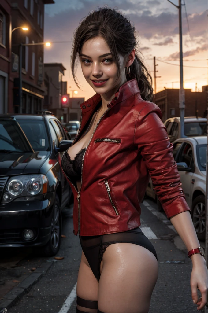 1girl, (realistic),(hyperrealism),(best quality),(masterpiece),(ultra high res),(photorealistic),idol,eye makeup,detailed eyes,detailed face, claireredfield2, brown hair, (red jacket:1.2), ponytail,,  red wristband,,  abandoned street, burning cars in background, littered street, smoke, chaos, zombie apocalypse, daytime, sunny,,  looking at viewer, smiling, closeup shot,,  sexy pose, seductive, flirting, sexy lingerie, sexy stockings, lingerie suspenders