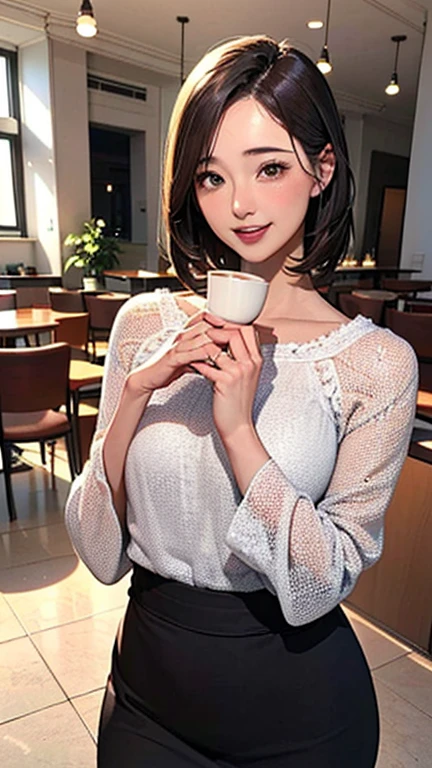 1 Woman, Japanese Woman,(Housewife:1.5),(40 Years Old:1.68),(Attractive Mature Woman:1.66),(Middle Age:1.78),(small breasts:1.2),((graduated haircut)),Casual, simple blouse,V-neckline,knee-length skirt, blouse in bright colors,pastel shades,(((cafe interior,in room))),(laugh:1.4),