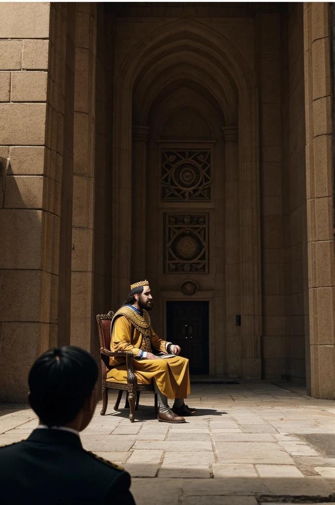 An image of a king talking to his subjects and citizens from afar