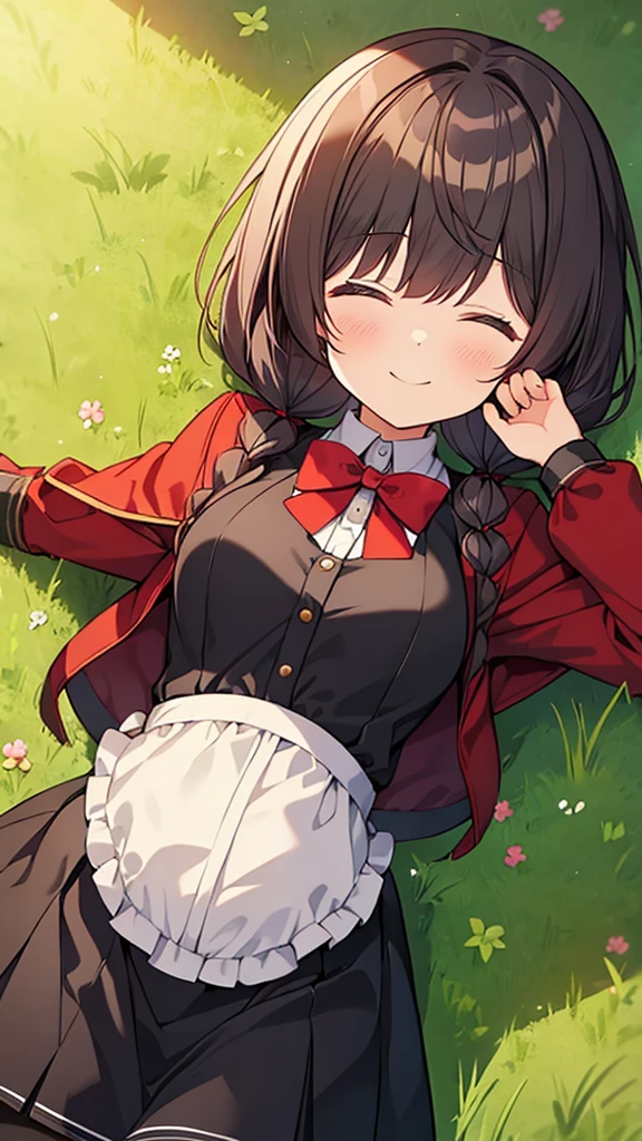 masterpiece, Highest quality, Phemonica, Hair Bun, Braiding, Red Bow, Black jacket, Black Skirt, Red Pantyhose, Upper Body, From above, Sleeping on your back, Grass, View your viewers, tired, smile, garden