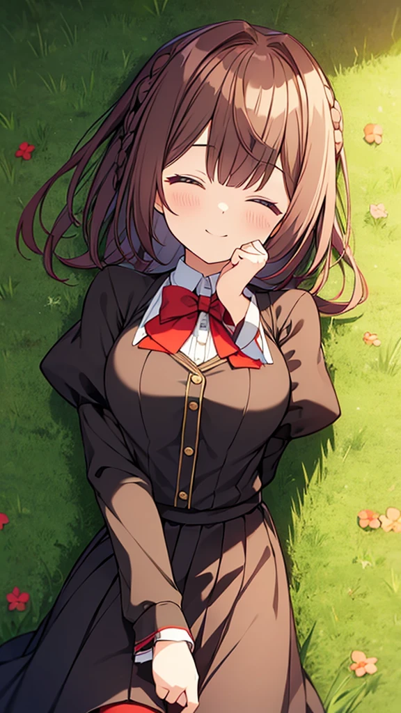 masterpiece, Highest quality, Phemonica, Hair Bun, Braiding, Red Bow, Black jacket, Black Skirt, Red Pantyhose, Upper Body, From above, Sleeping on your back, Grass, View your viewers, tired, smile, garden 