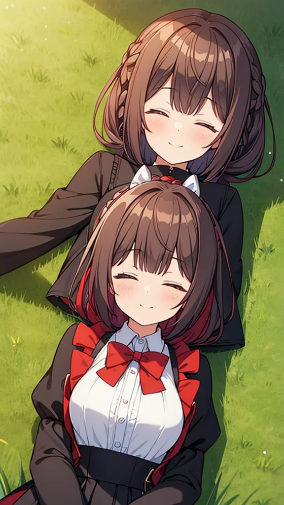 masterpiece, Highest quality, Phemonica, Hair Bun, Braiding, Red Bow, Black jacket, Black Skirt, Red Pantyhose, Upper Body, From above, Sleeping on your back, Grass, View your viewers, tired, smile, garden