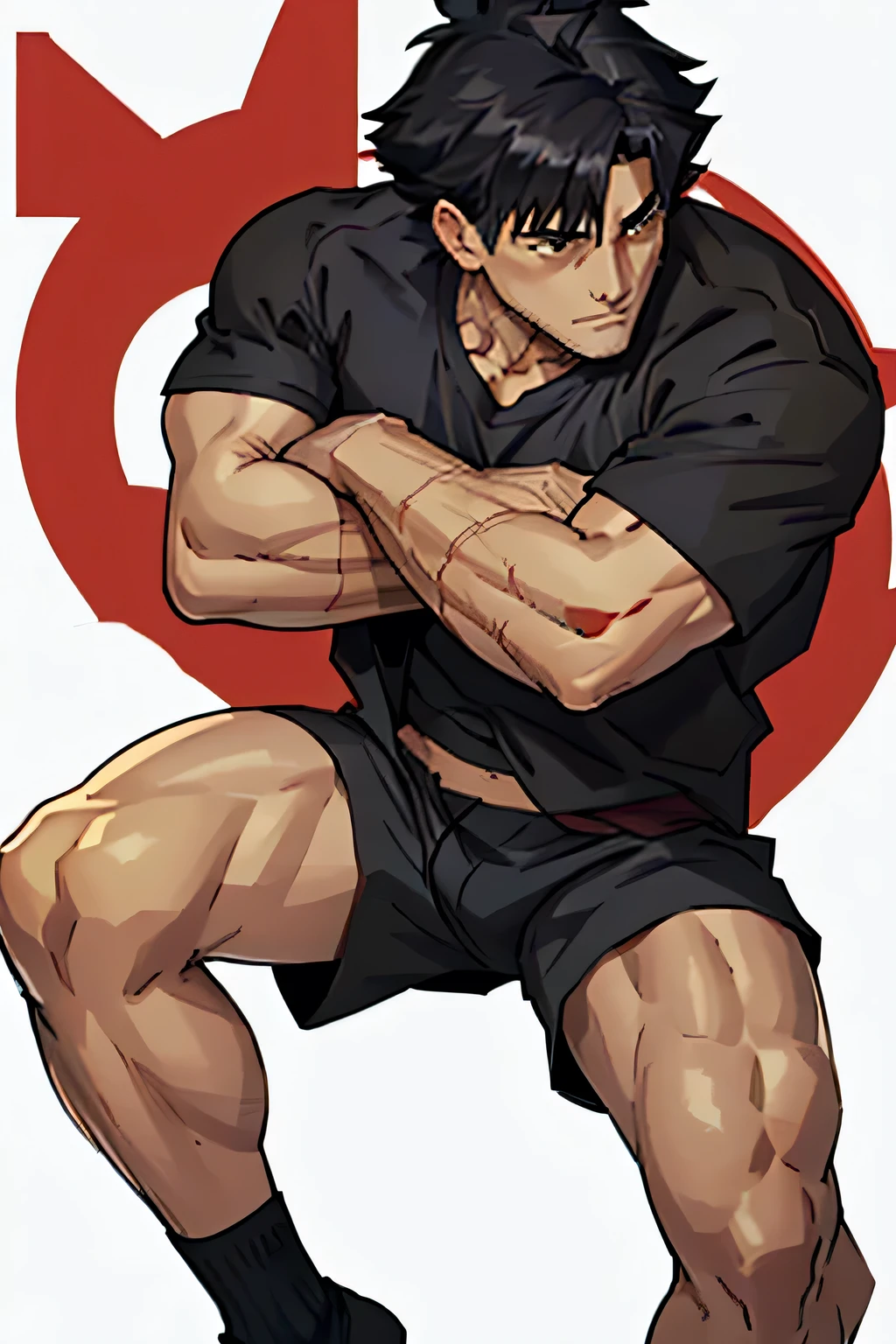 Kiritsugu is sitting and flexing his thighs. He wears black short boxershorts. You can see his thighs completely. He is wearing a black tshirt with short sleeves. His sleeve is rolled up completely, so you can see his entire arm and shoulder. He is admiring his arms. He has a huge bulge. You can see his abs too. His boxershorts are rolled up completely so you can see his entire leg. he has many bulging veins on his arms.